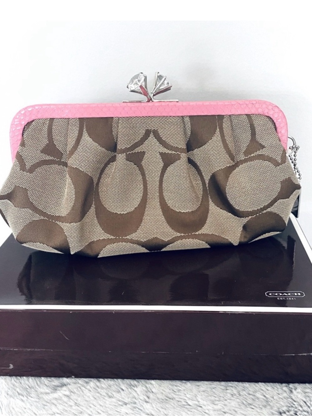 Coach Brown Signature Tote with Pink snakeskin Trim and Silver Crystal Accent